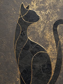 Black cat silhouette with gold outline on textured dark background