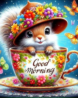 Cute cartoon kitten with big eyes in a floral teacup wearing a flower crown, butterflies around