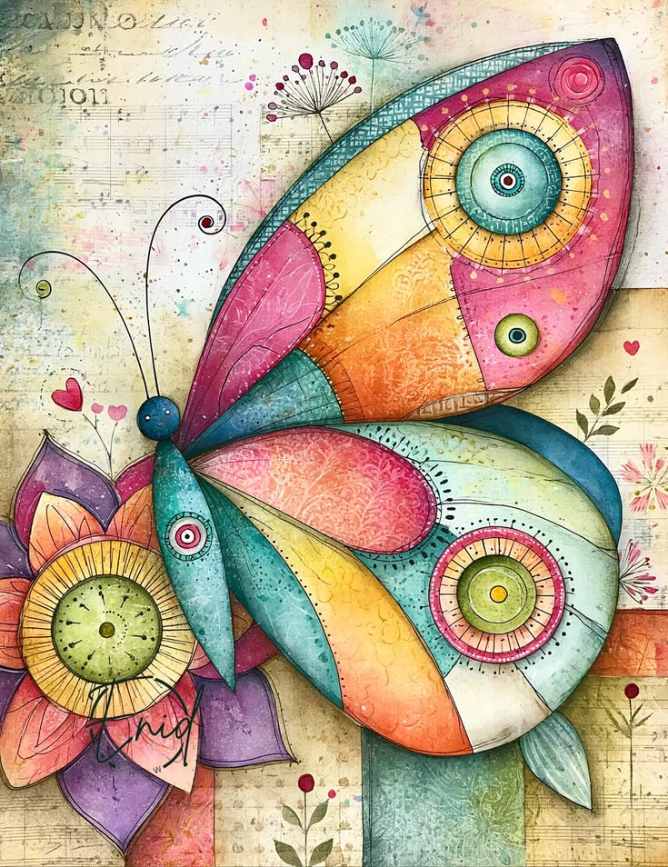 Colorful butterfly illustration with patterned wings, flowers, and a textured pastel background