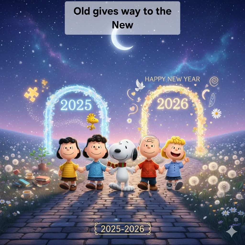 Peanuts characters walking between illuminated 2025 and 2026 arches under a starry sky