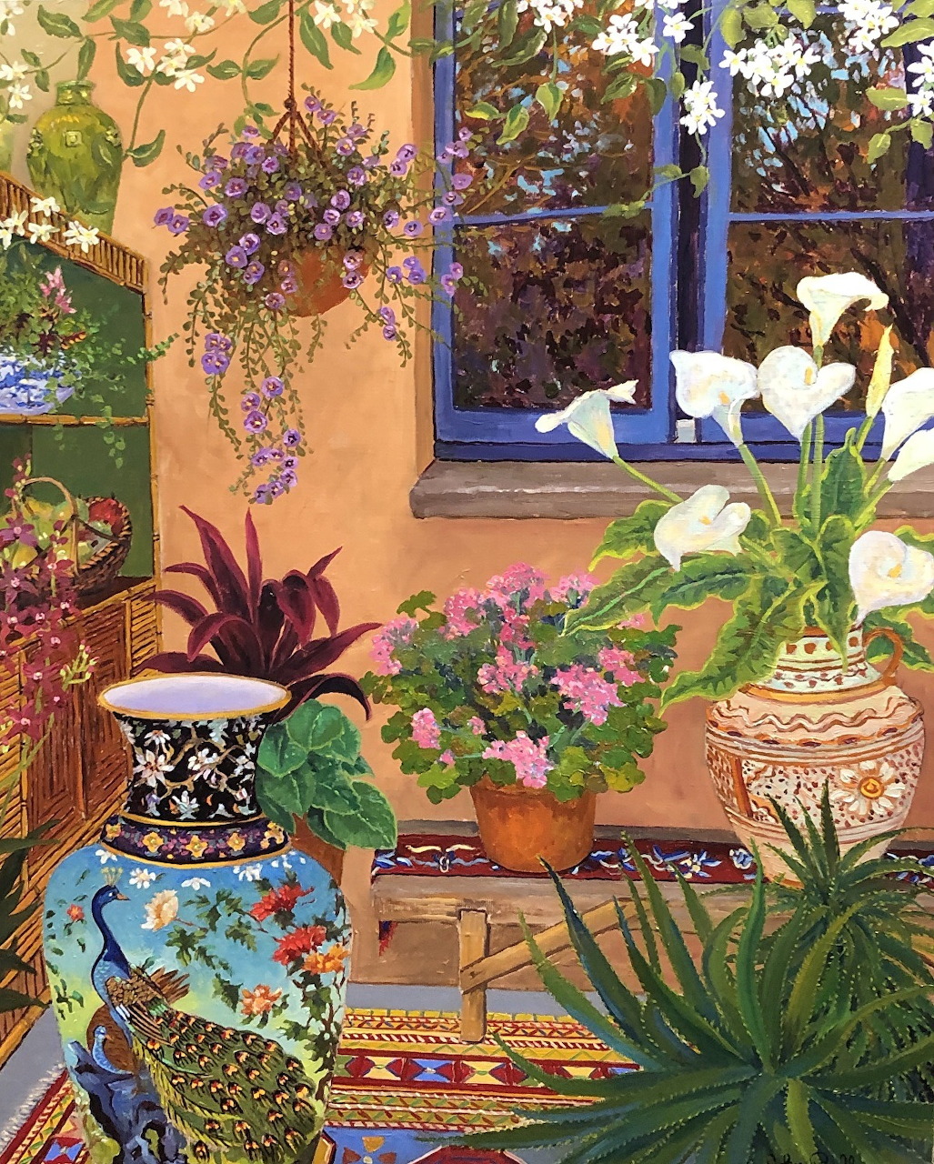 Painted garden patio scene with colorful potted plants, flowers, decorative vases and purple flowering vines on peach walls