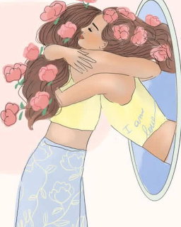 Illustration of a woman with pink flowers in her hair hugging her reflection in an oval mirror
