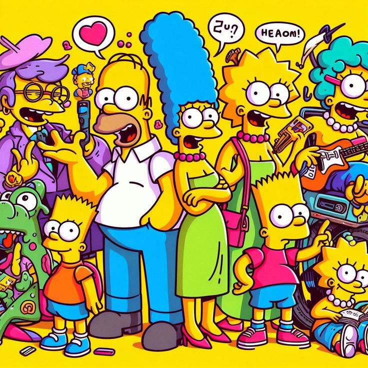 The Simpsons characters crowded together in a colorful group illustration