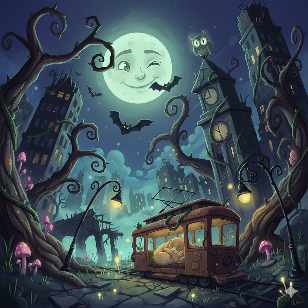 Whimsical Halloween scene with large smiling moon, bats, twisted trees, crooked houses, and glowing lights at night