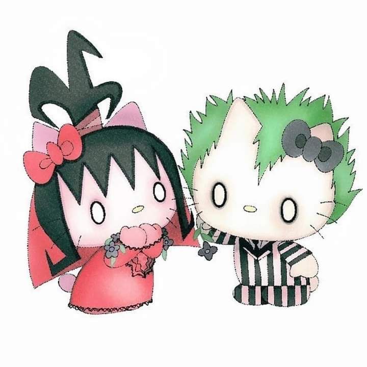Illustration of two Hello Kitty-style characters, one pink and one Beetlejuice-inspired in black and white stripes