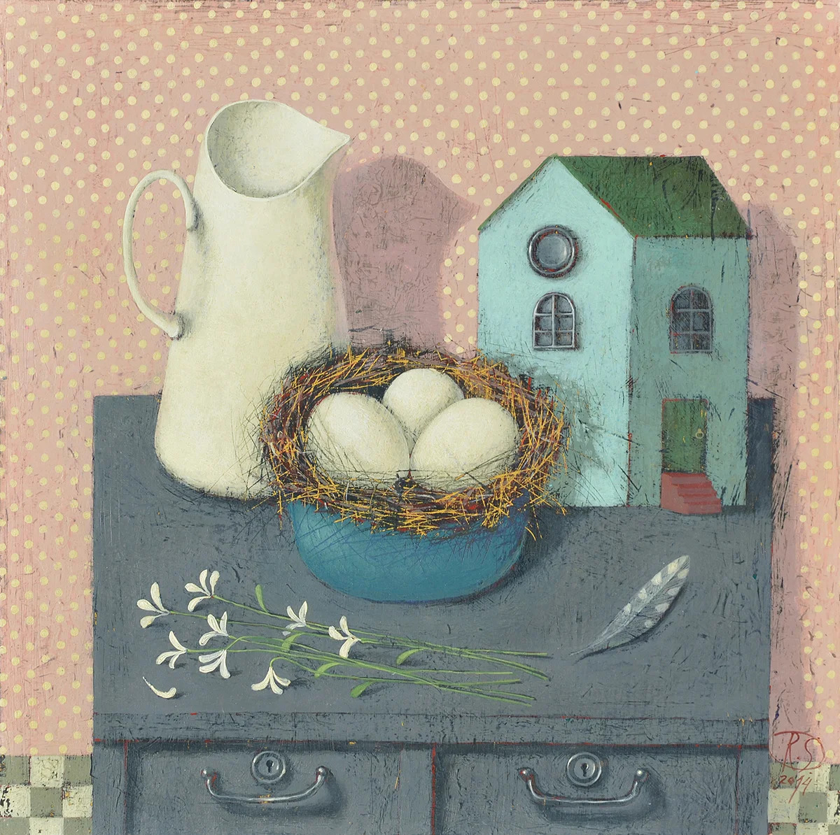 Illustration of a still life with eggs in a nest, white pitcher, small house, and flowers on a grey dreser
