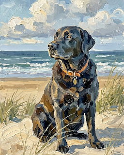 Black Labrador dog sitting on beach with ocean and clouds, oil painting style