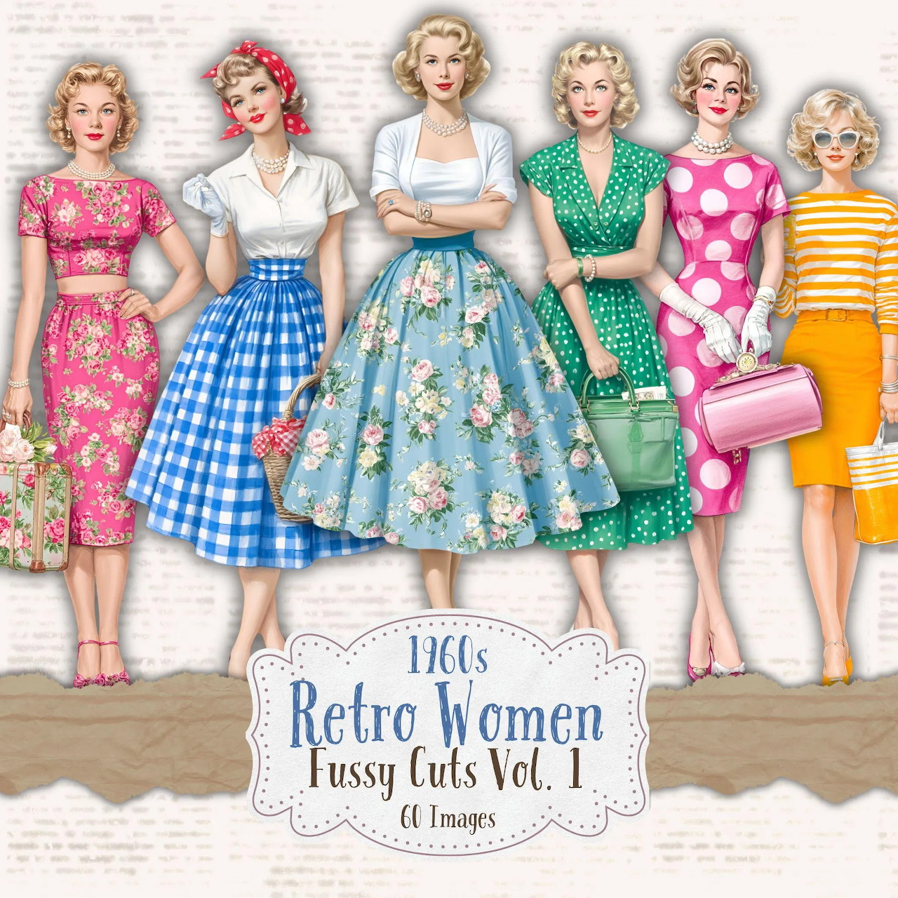 Six women in vintage 1950s dresses with retro hairstyles and accessories