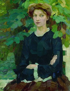 Oil painting portrait of woman in black dress and straw hat with green leafy background