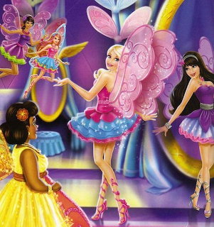 Barbie dressed as a fairy with pink butterfly wings surrounded by colorful fairy characters in an animated scene