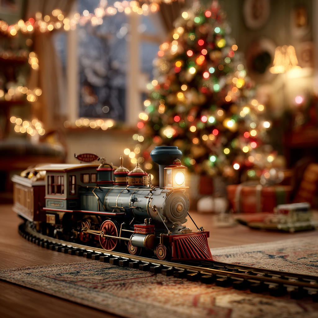 Vintage toy train on tracks in front of a lit Christmas tree indoors