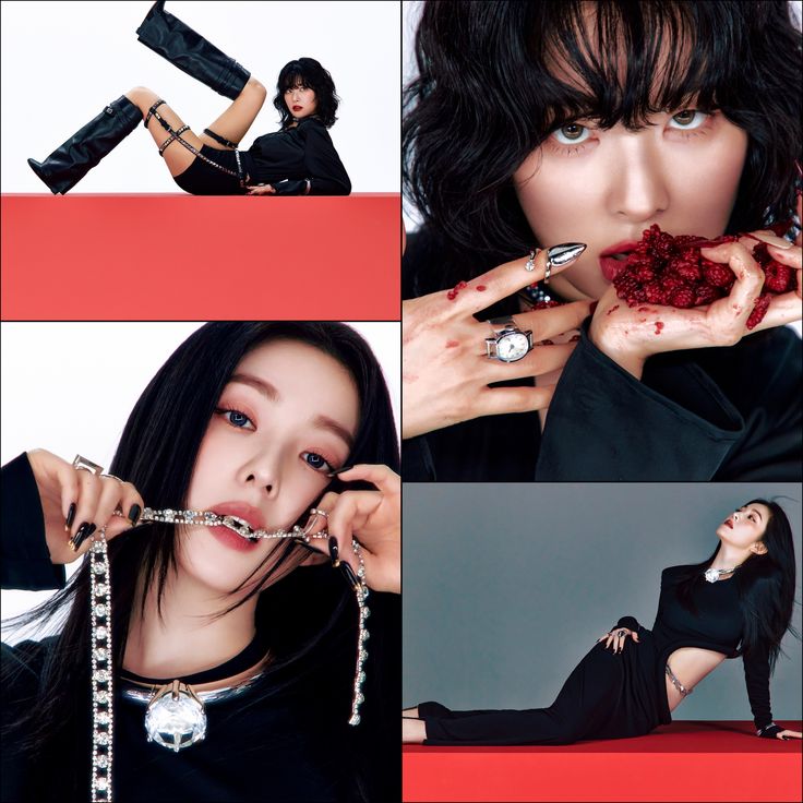 Four-panel collage of Red Velvet K-pop members in black outfits with dramatic poses and red accents
