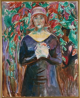Woman in blue dress holding flowers against colorful floral background, expressionist style painting