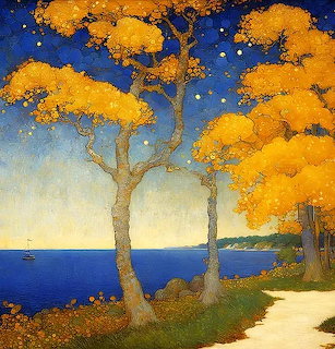 Painting of golden trees framing a blue seascape with stars and a distant sailboat