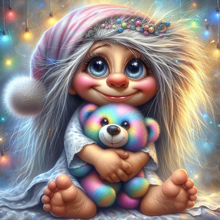 Cute illustrated elf character with big blue eyes holding a rainbow teddy bear surrounded by fairy lights