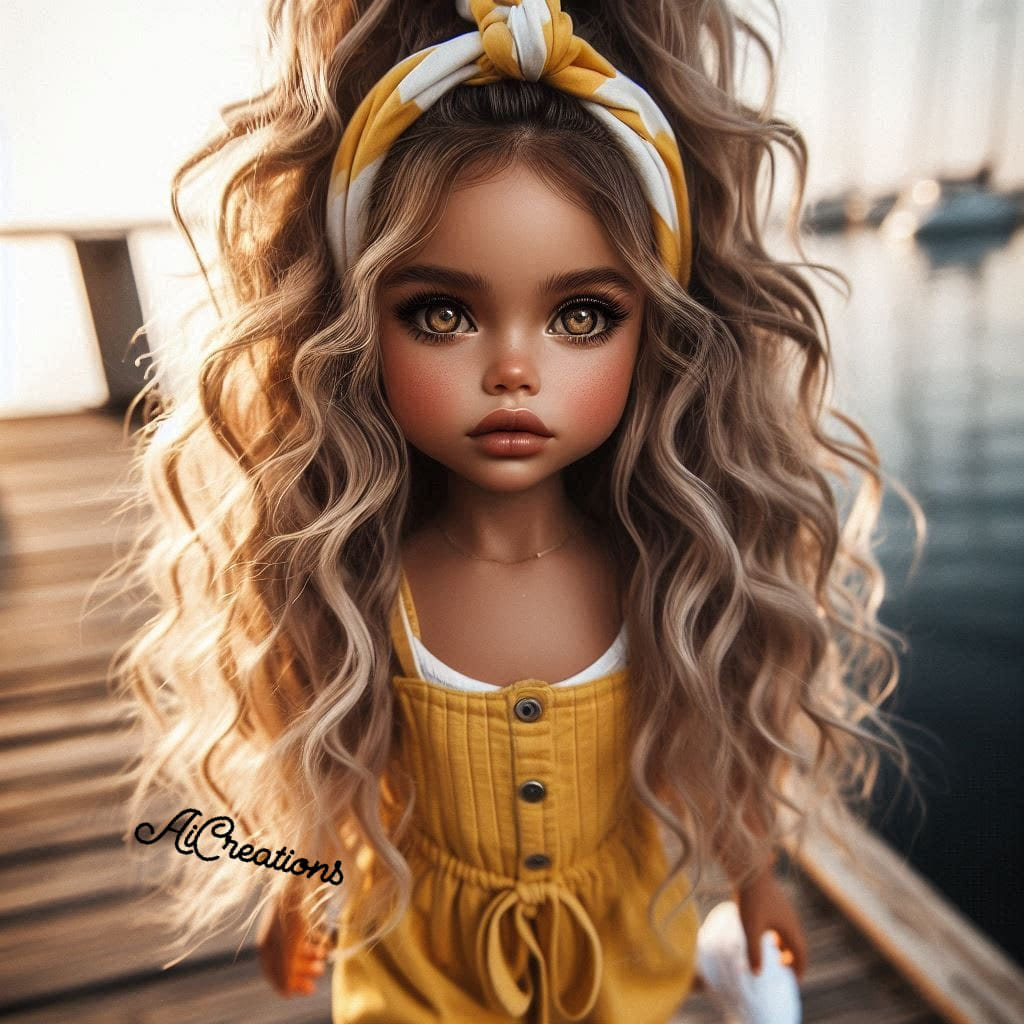 Stylized doll-like girl with long wavy hair and a yellow outfit on a wooden dock