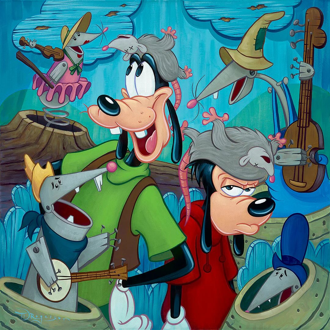 Goofy and Max playing guitar and bass underwater with smiling sharks in turquoise water