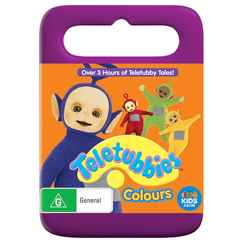 Teletubbies Colours DVD cover with four Teletubby characters on purple background