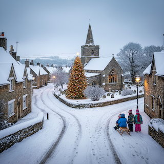 Snowy Christmas Village at Dusk