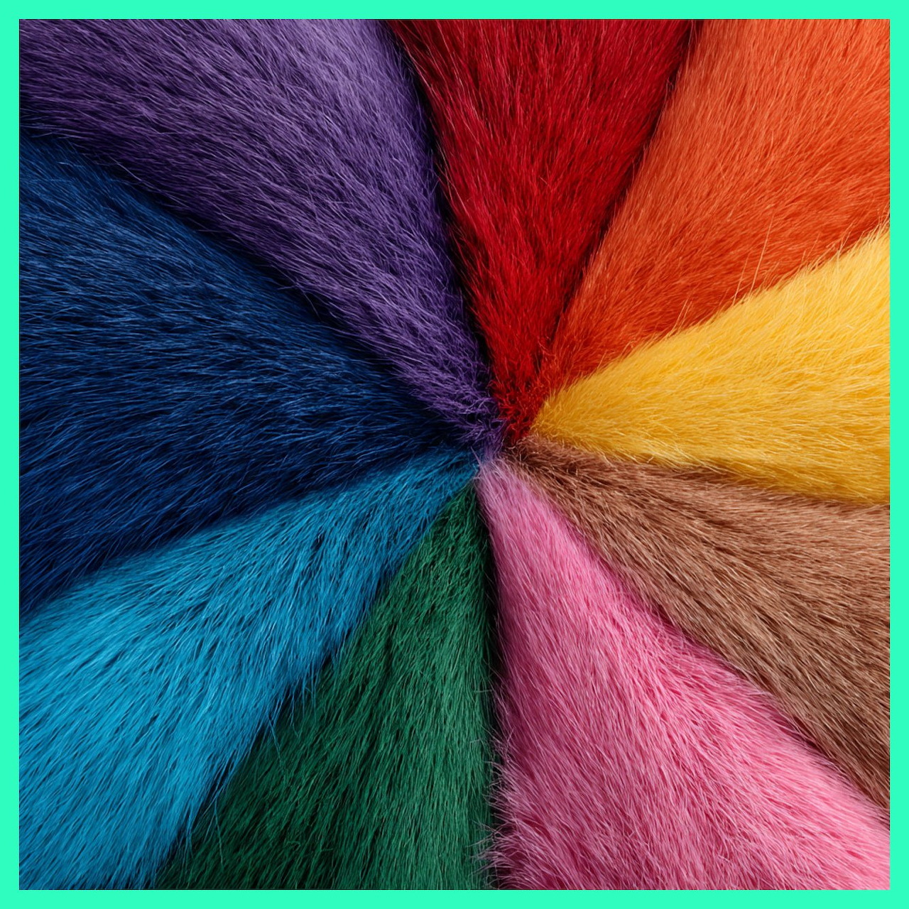 Rainbow colored fur segments arranged in a circular color wheel pattern with rich texture