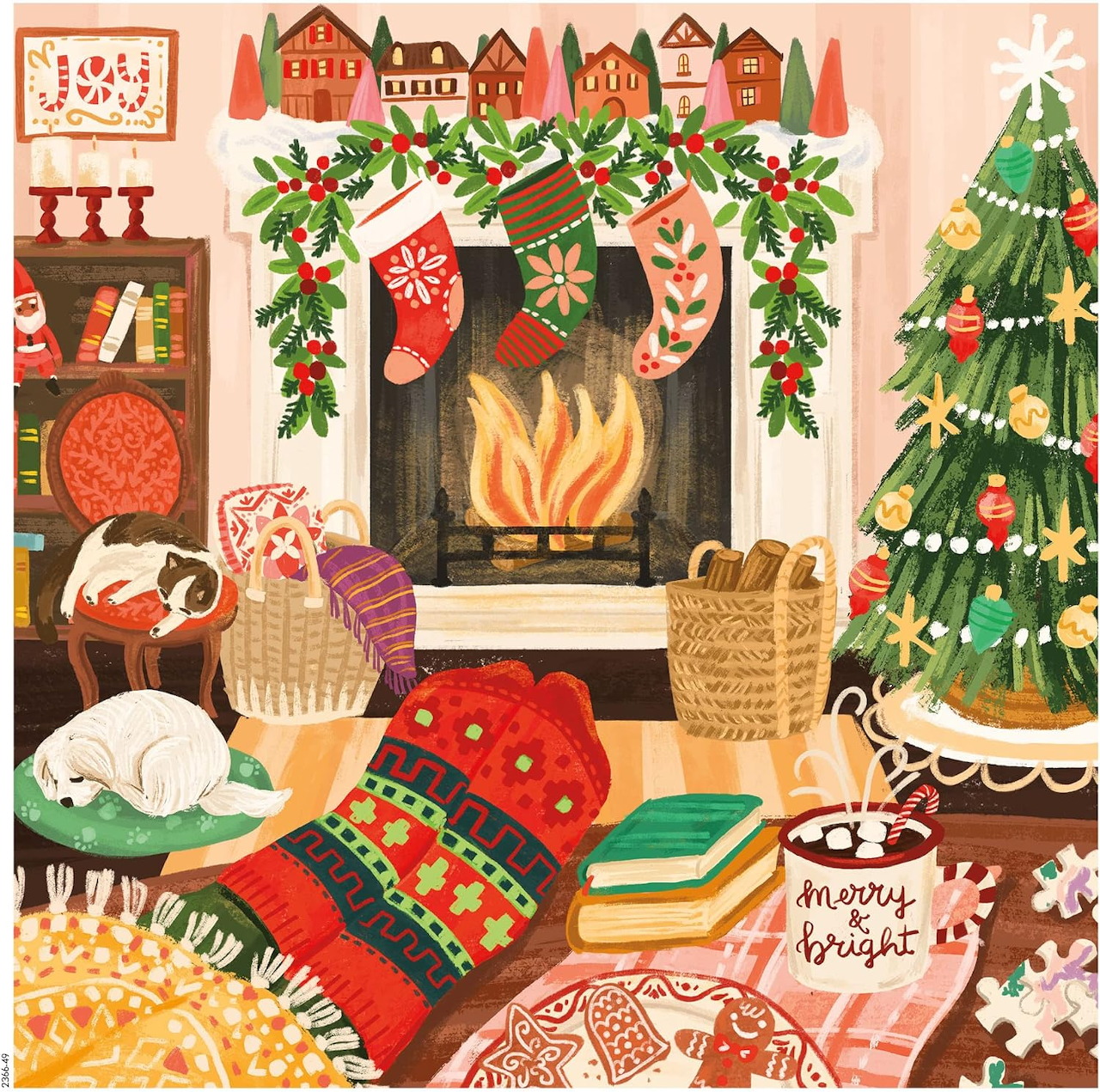 Cozy Christmas room illustration with fireplace, tree, stockings, sleeping cat, and holiday decorations