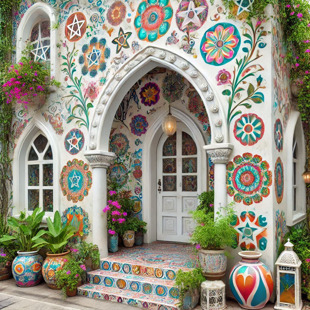 White arched doorway decorated with vibrant colorful mosaic tiles and flowers in Mediterranean style courtyard
