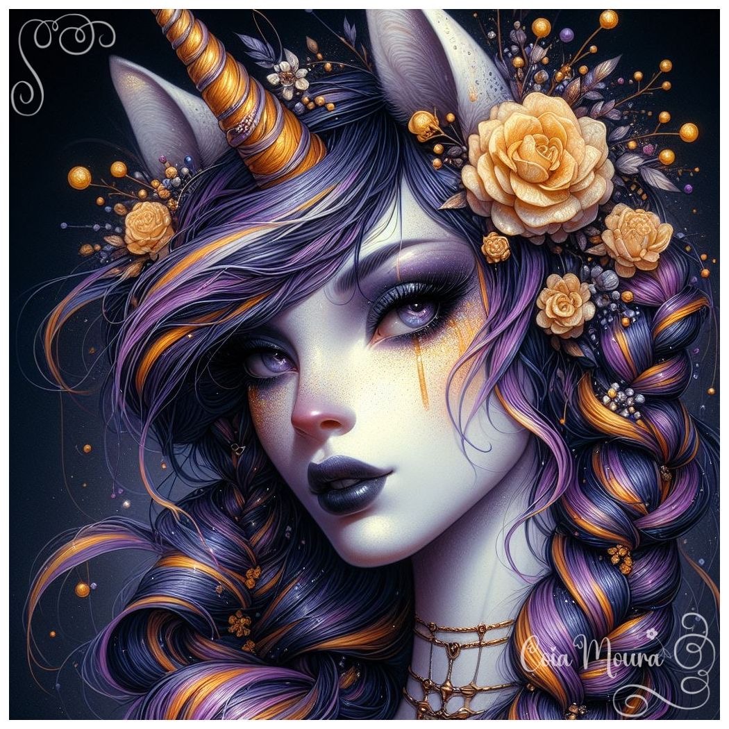 Fantasy portrait of woman with unicorn horn, purple flowing hair, and golden roses