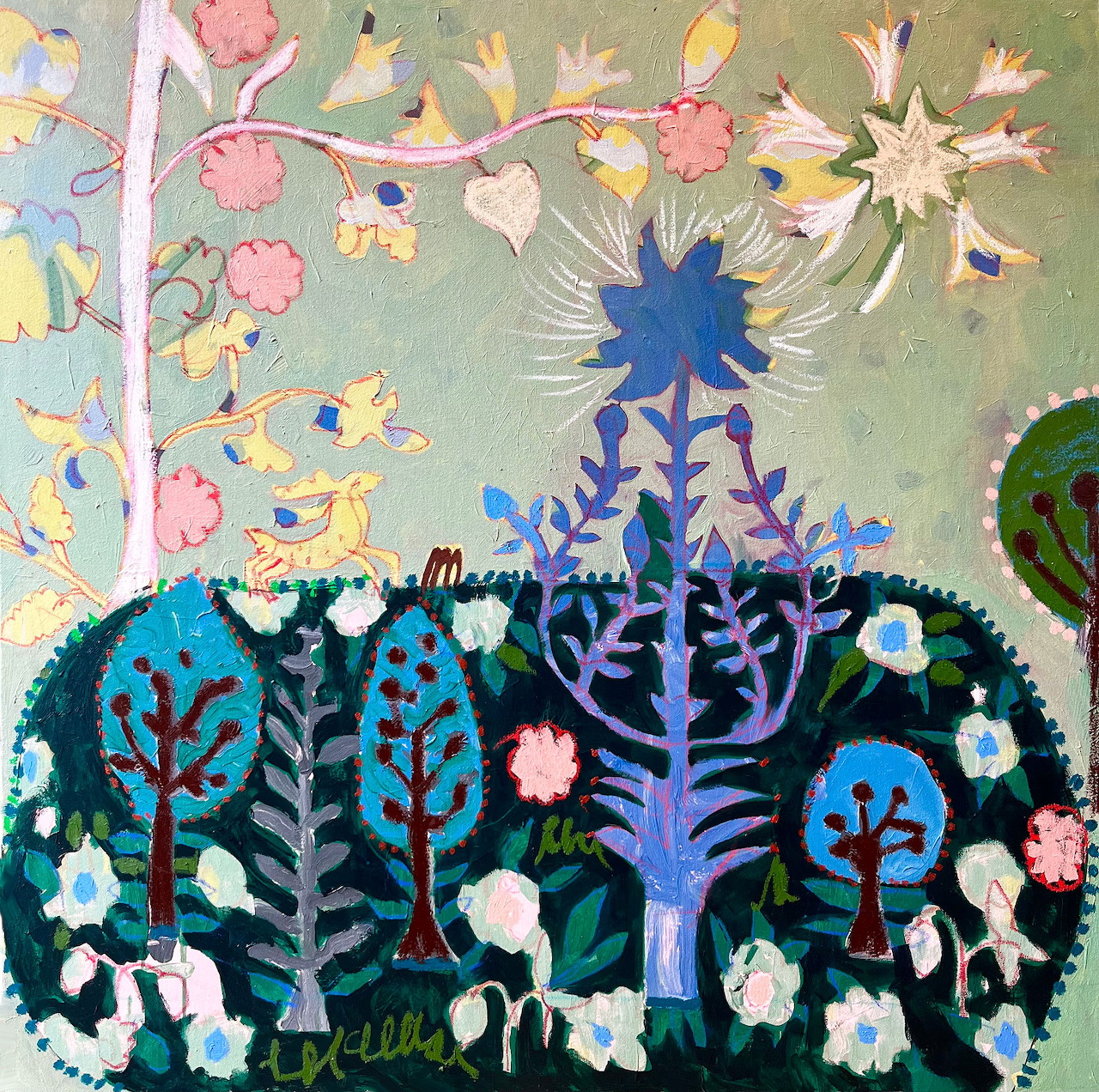 Stylized garden painting with a blue star-shaped flower, small trees, and pastel blossoms