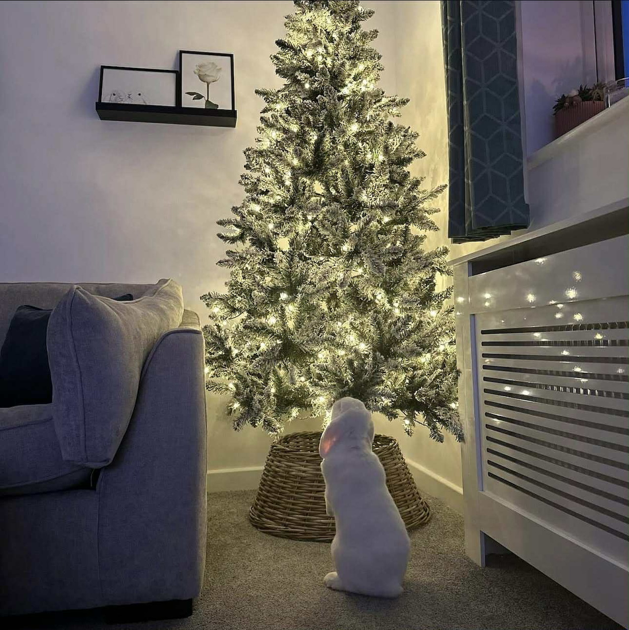 White bunny figurine next to lit Christmas tree in living room
