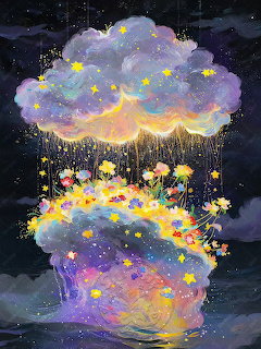 Illustration of glowing starry clouds with flowers and sparkling rain in a dark night sky