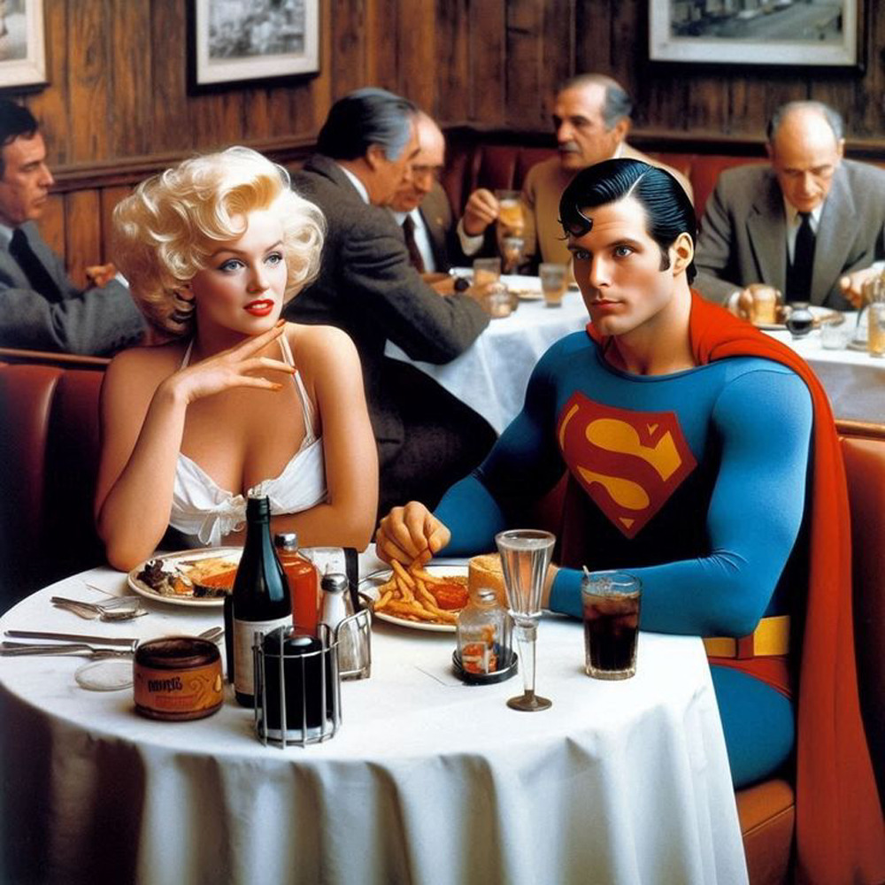 Illustration of Superman and Marilyn Monroe dining together at a restaurant table