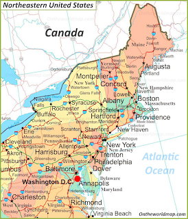 Map of the northeastern United States showing states, cities, and borders with Canada