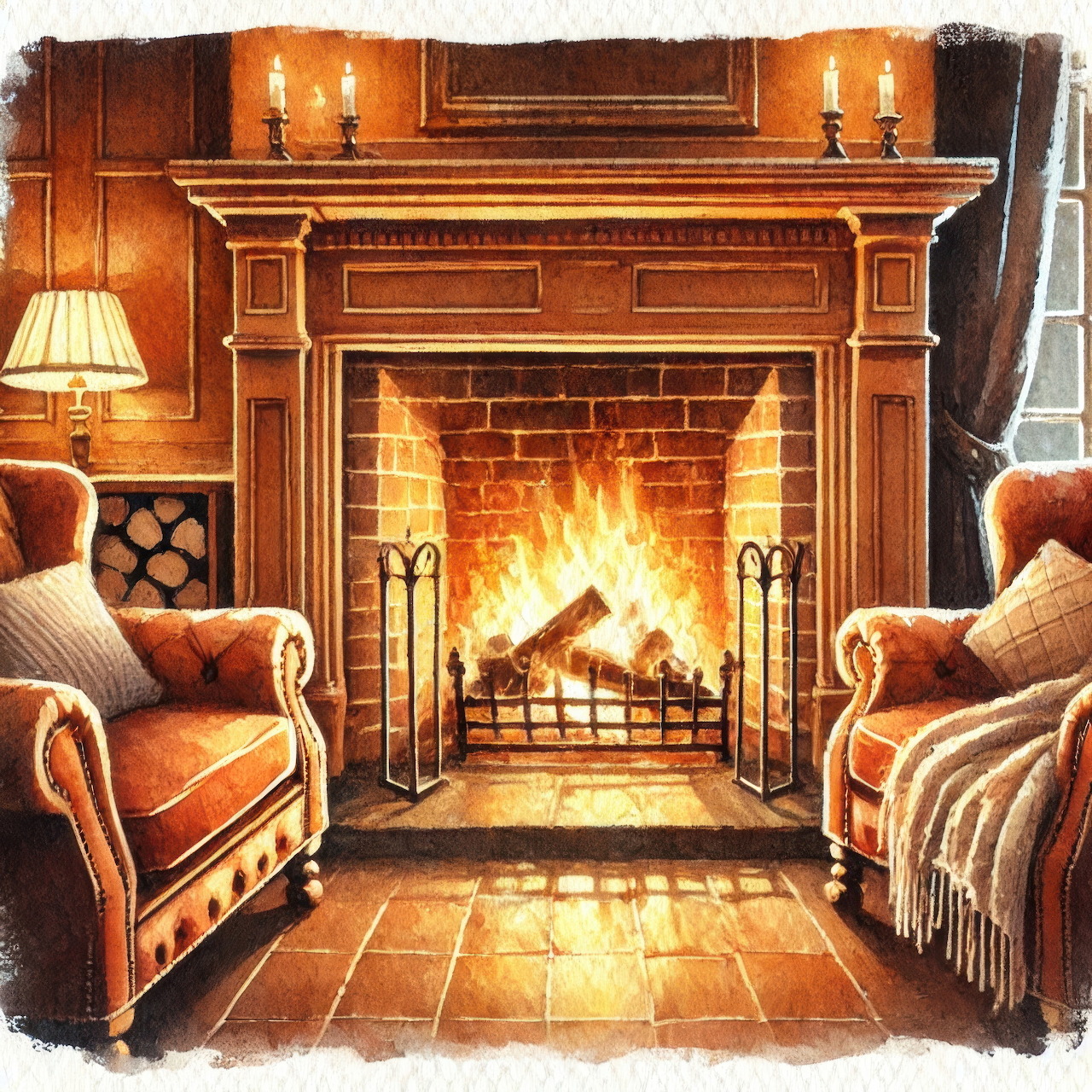 Cozy room with a lit fireplace between two armchairs and warm wooden decor