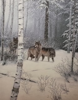 Three wolves standing in a snowy forest with birch trees and falling snow