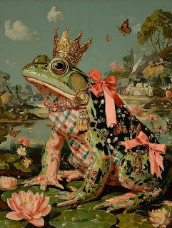 Illustrated frog prince wearing a golden crown and floral robe sitting on lily pads with pink water lilies