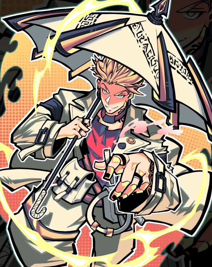 Anime character with pink hair in combat stance amid mechanical fragments and golden energy bursts
