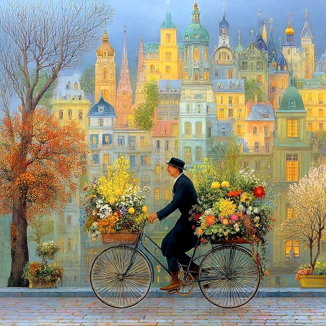 Cyclist with Flowers in Colorful City