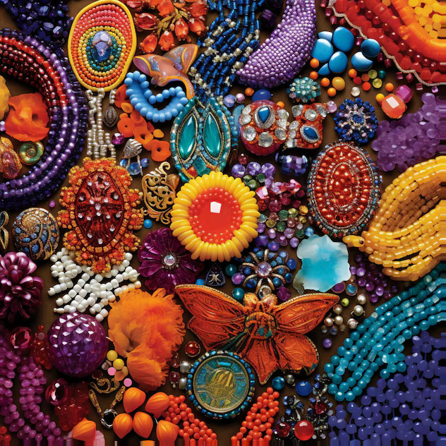Vibrant beaded jewelry and crafts with colorful patterns, gemstones, and ornamental designs arranged together