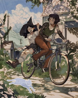 Witches Riding Bike Illustration