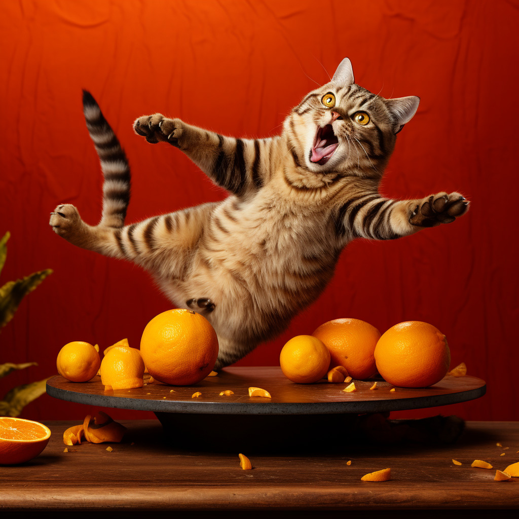 Tabby cat midair above a table with oranges against a red background