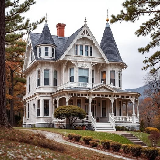 Large white Victorian house with turrets, ornate trim, and a wraparound porch among trees
