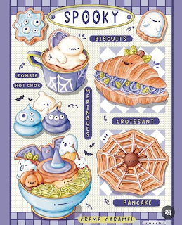 Kawaii illustration of spooky Halloween foods: ghost biscuits, zombie hot choc, meringues, croissant, creme caramel, spider pancake