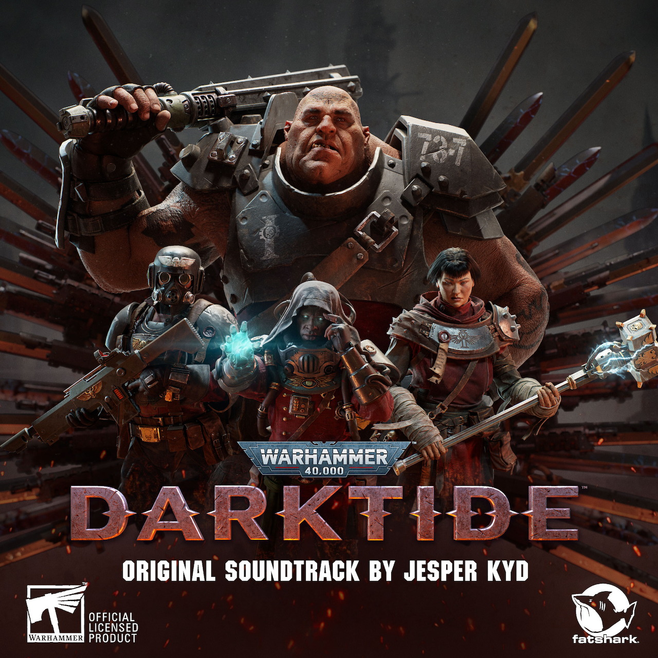 Warhammer 40,000 Darktide cover art with armored futuristic warriors and weapons on a dark red background
