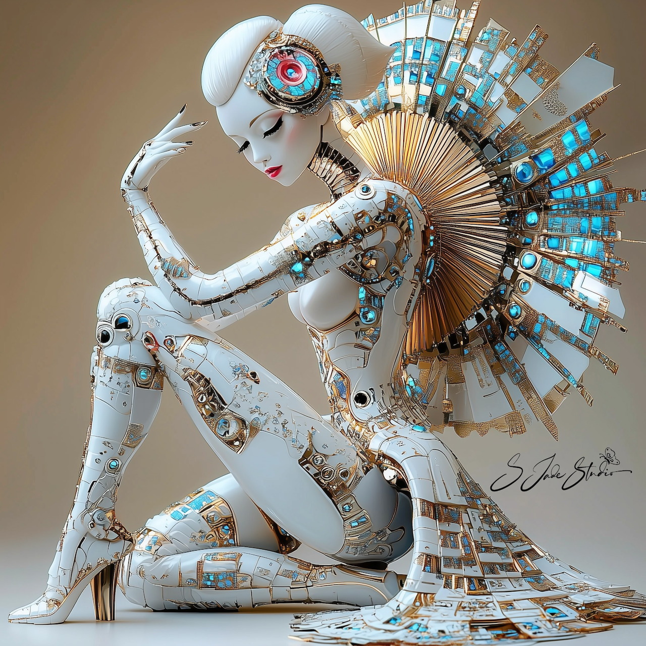White robotic woman with blue circuits and metallic fan headdress in seated pose