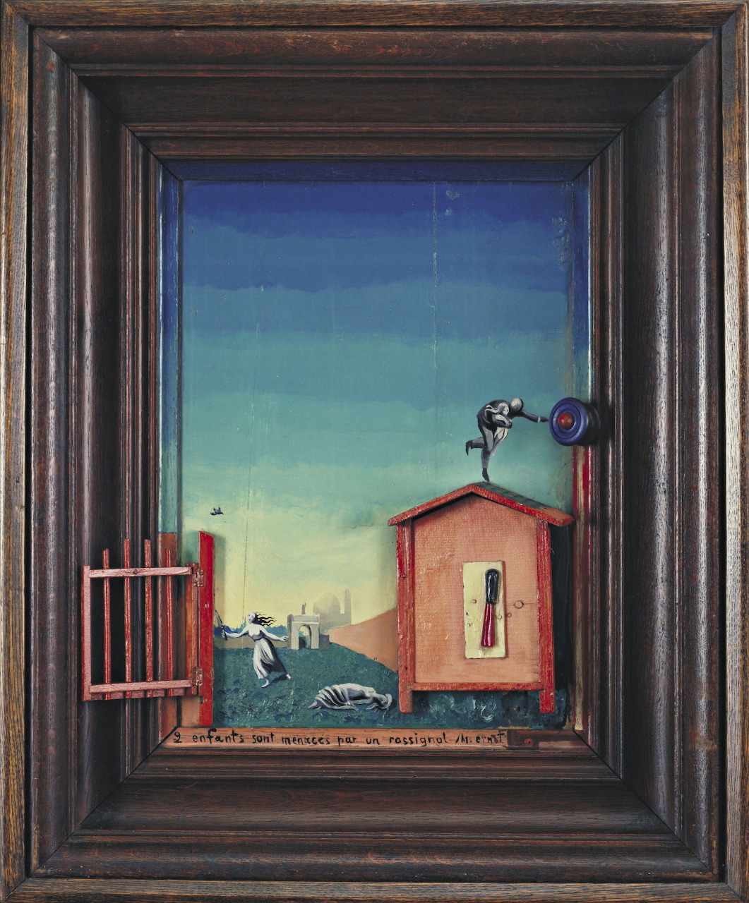 Surrealist framed painting showing miniature buildings and figures against blue-teal gradient sky with small bird