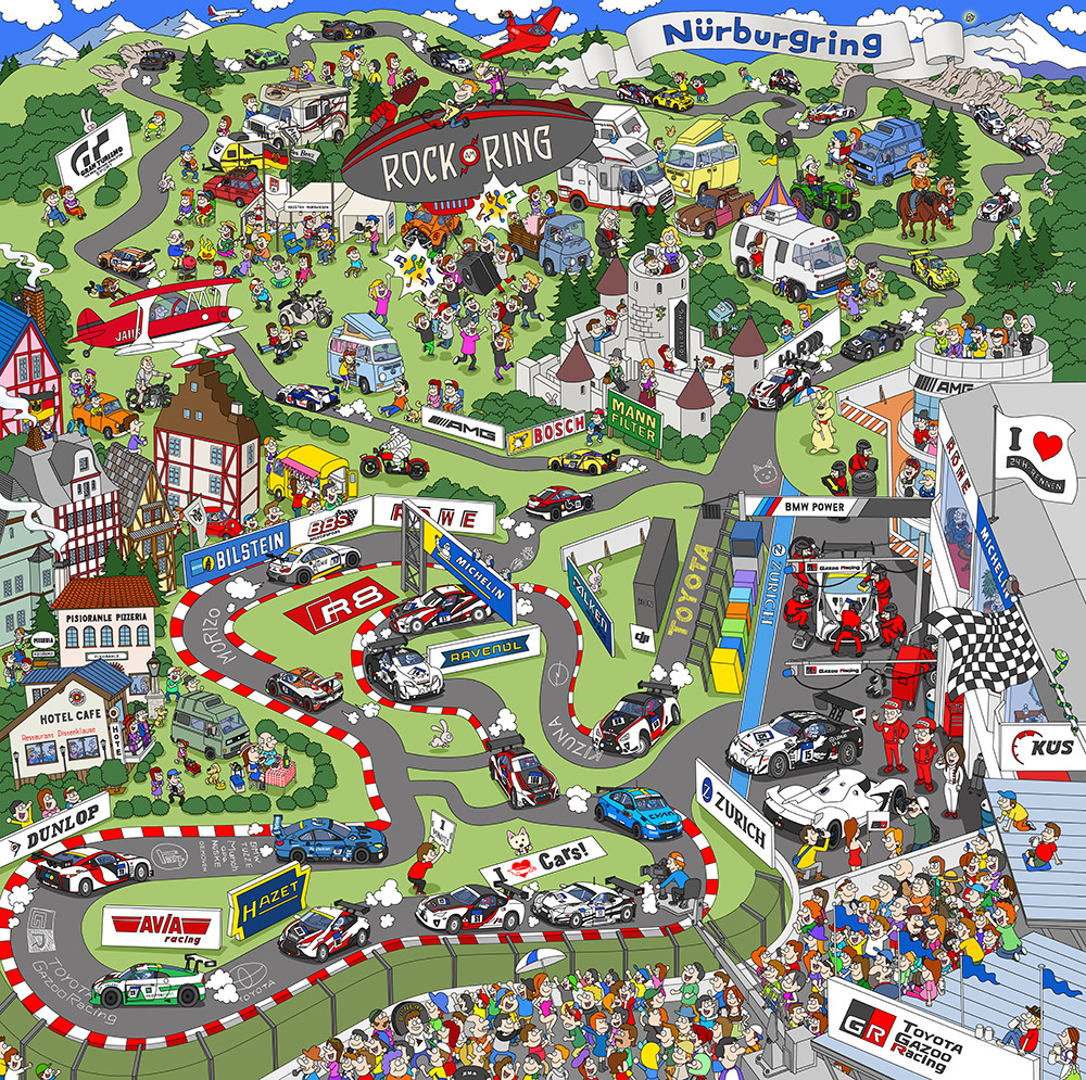 Colorful illustrated map of Nurburgring racing circuit with cars, spectators, and track layout