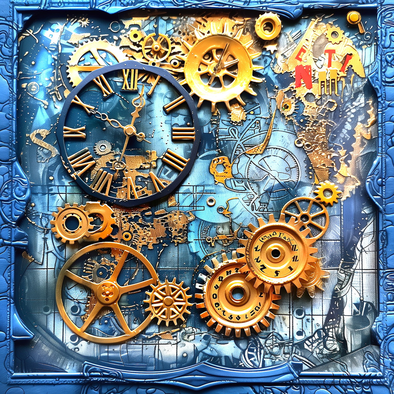 Steampunk arrangement of brass gears, clock faces, and mechanical parts on blue background