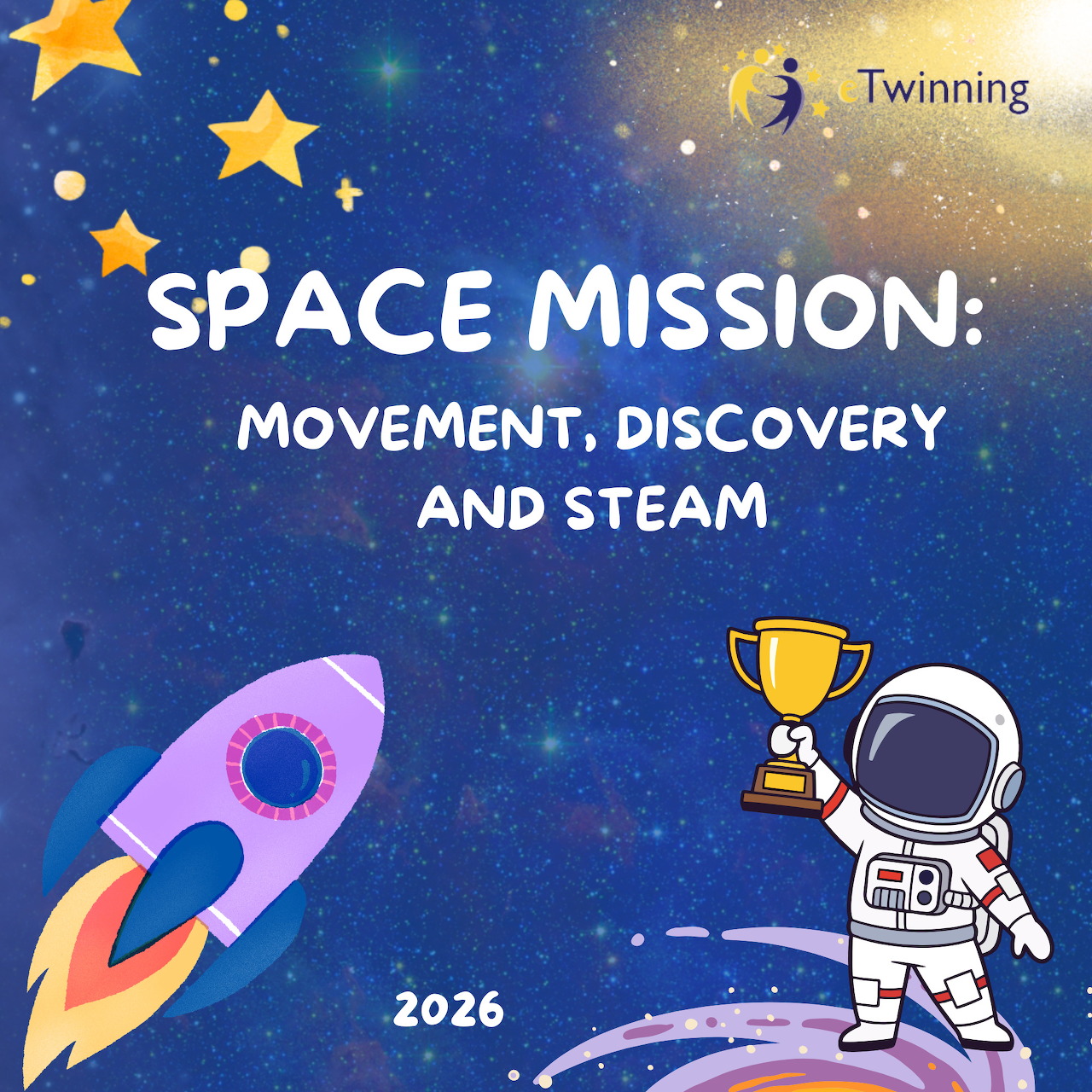 Cartoon astronaut with trophy and pink rocket in starry blue space with educational text
