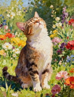 Tabby cat sitting in blooming flower garden looking up at sky