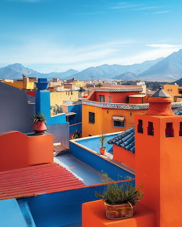 Colorful orange and blue rooftops of buildings with mountains in the background under blue sky